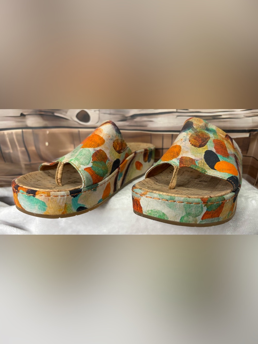 Born Sharr Multicolor Fabric Platform Slide Sandals Cork Wedge Women's Size 10 - Picture 4 of 16